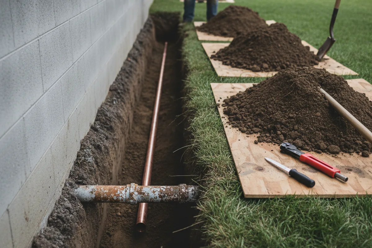 Excavated water line trench during Water Softener Installation in Van Nuys